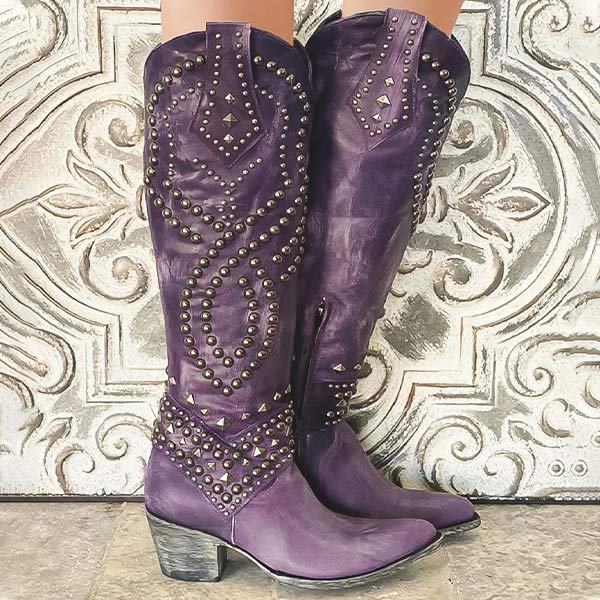 Women’s Chunky Heel Cowboy Boots Studded Western Look