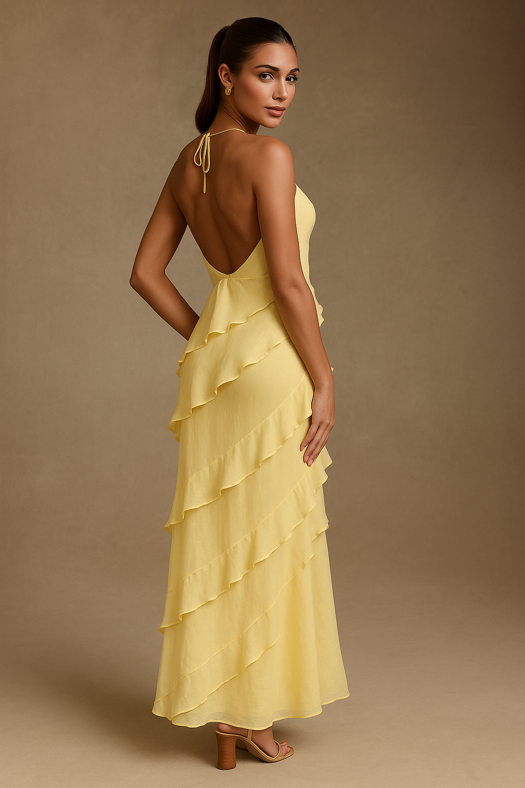 Sophia Lemon Maxi Dress – Halter Neck with Ruffle Detail