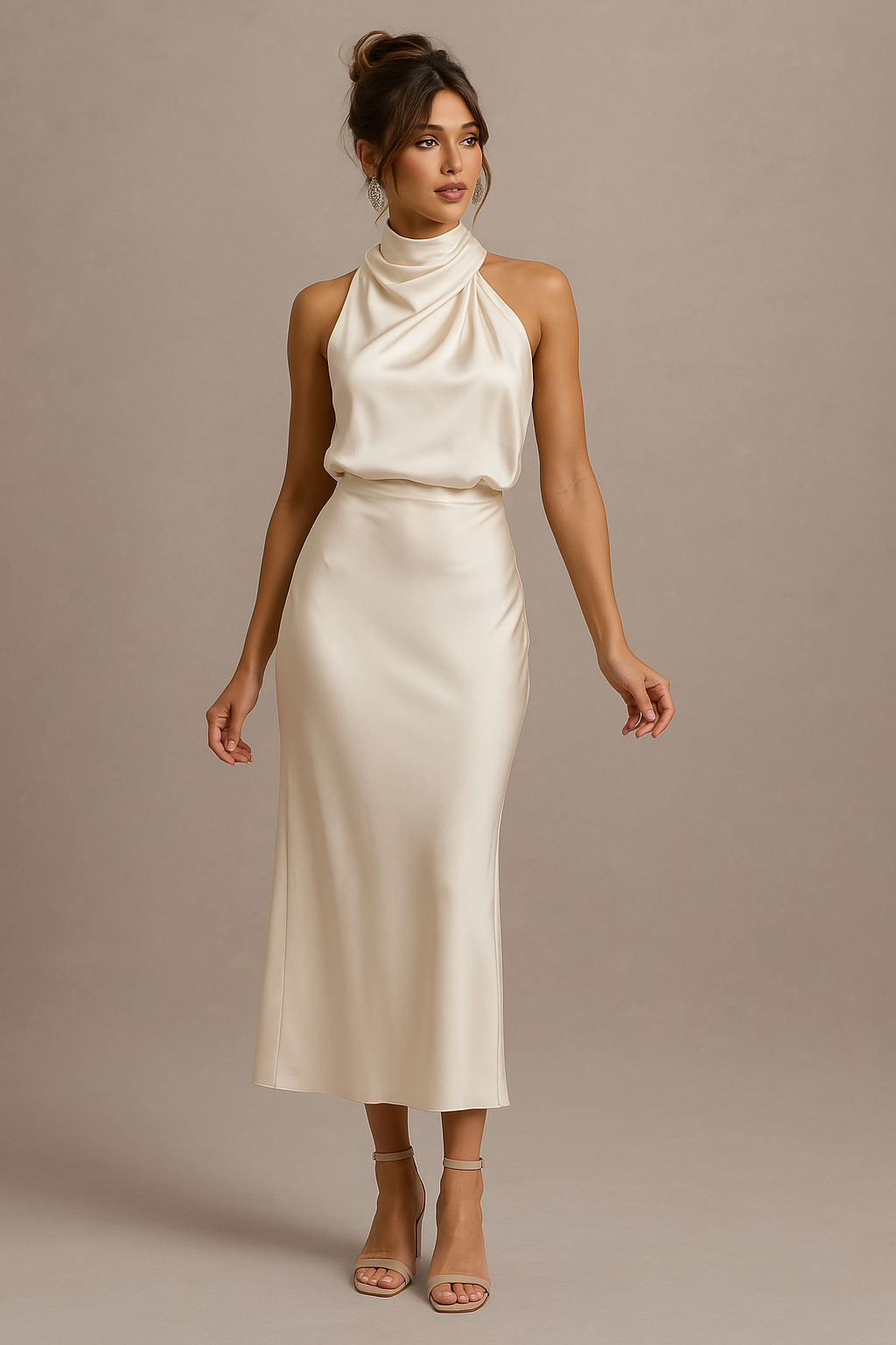 Esther Champagne Maxi Dress – High Neck with Draped Shoulder