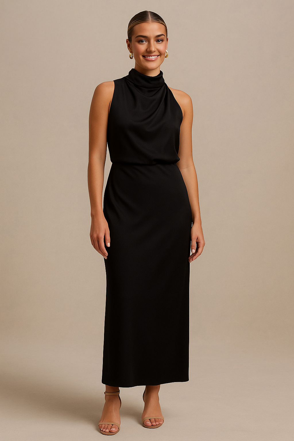 Esther Black Maxi Dress – High Neck with Draped Shoulder
