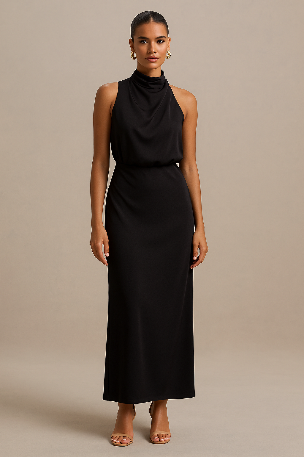 Esther Black Maxi Dress – High Neck with Draped Shoulder