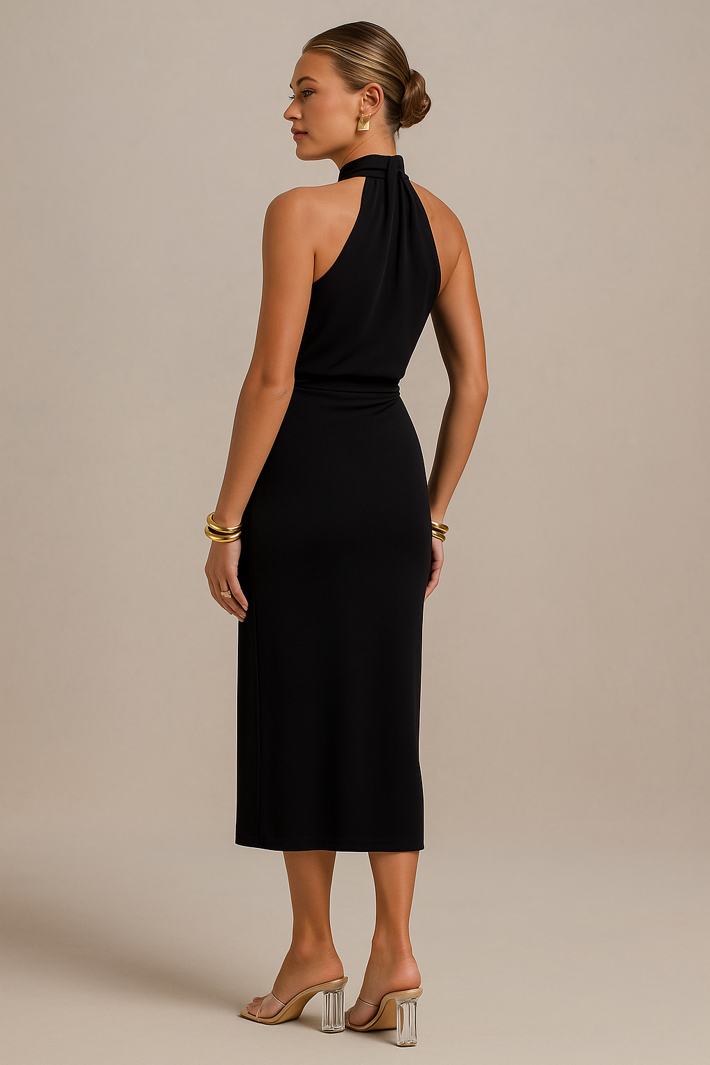 Esther Black Maxi Dress – High Neck with Draped Shoulder