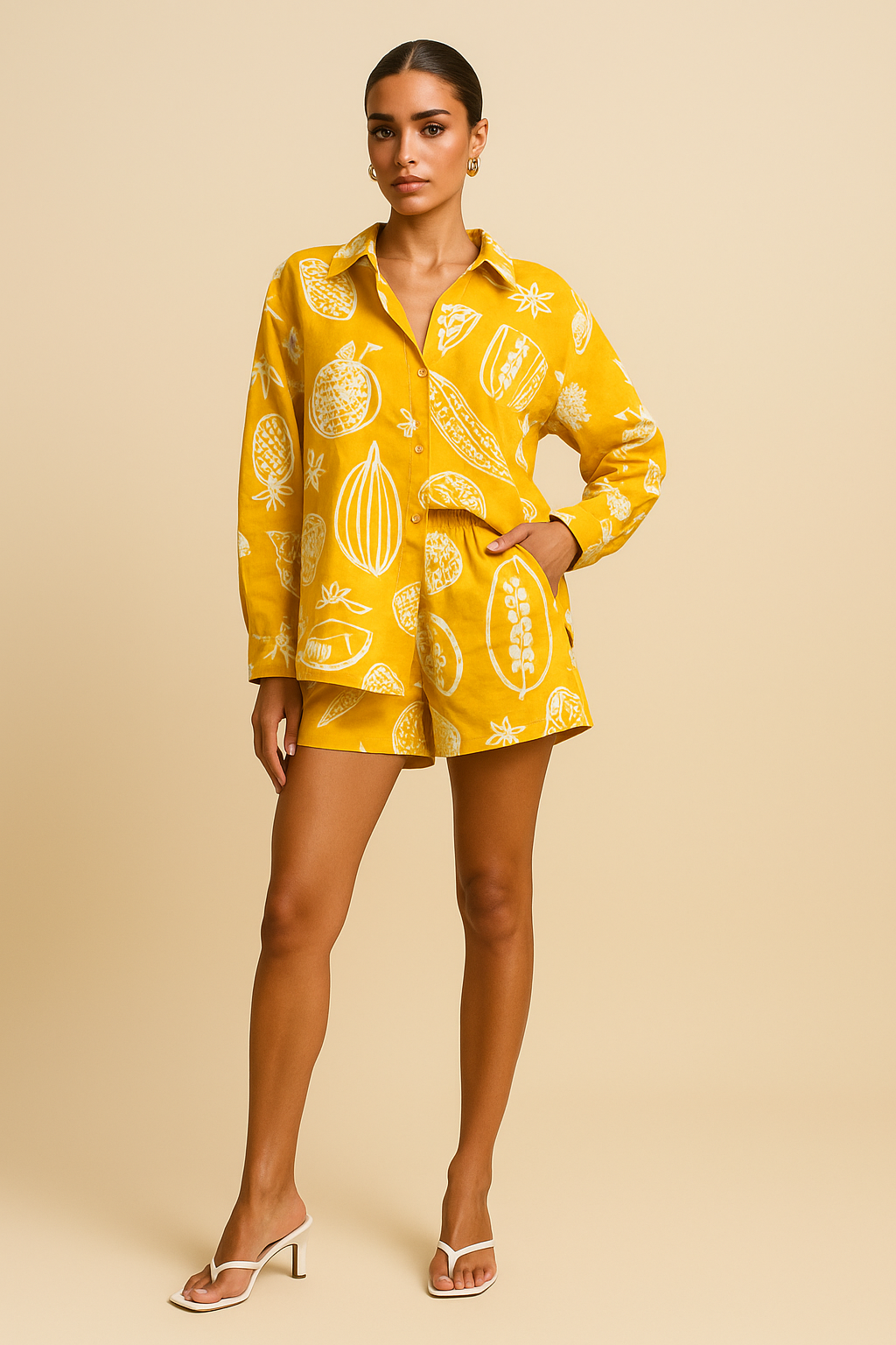 Isla Printed Co-Ord Set – Long Sleeve Shirt & High-Waist Shorts