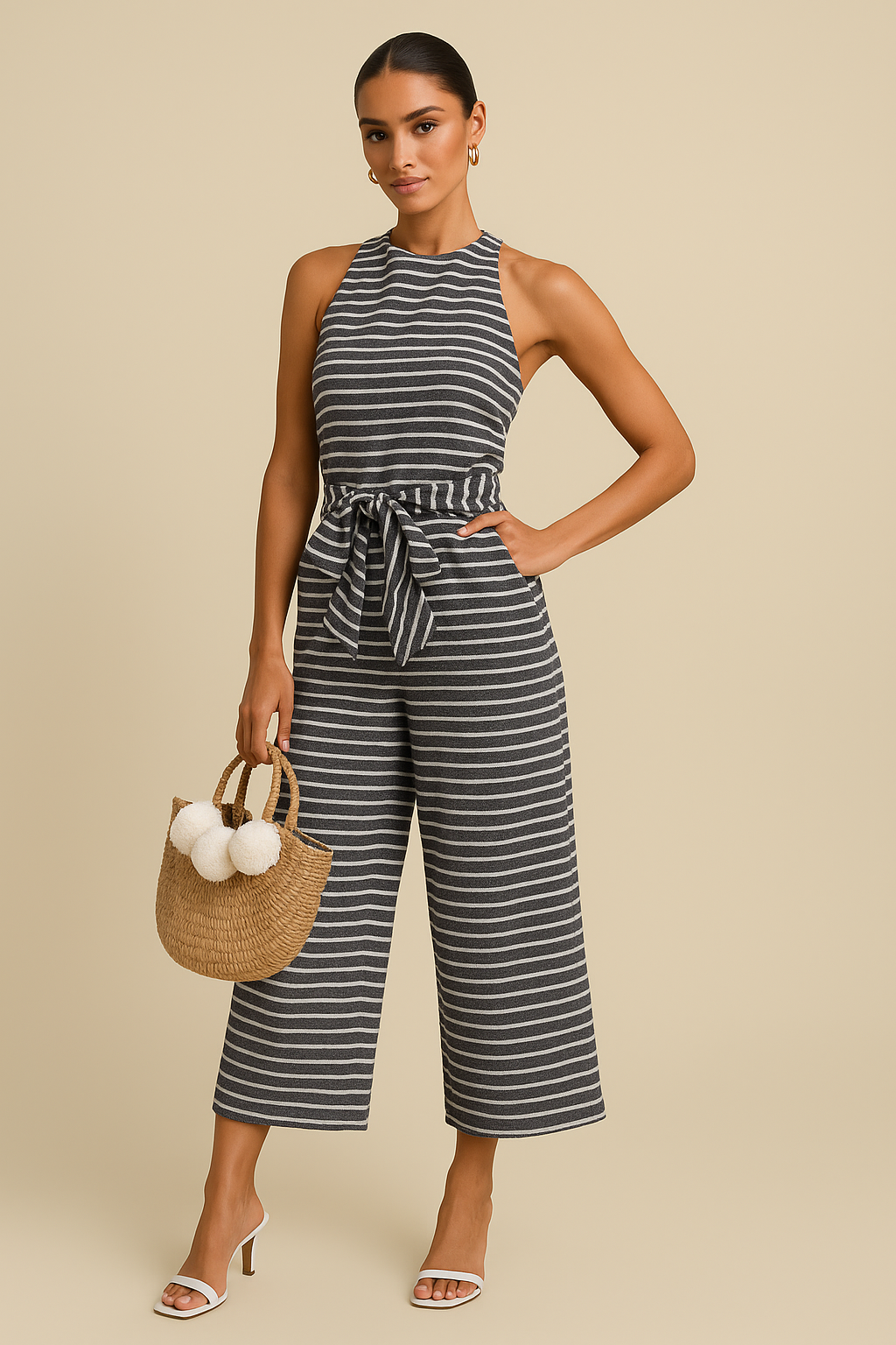 Isla Striped Halter Jumpsuit – Tie Waist, Cropped Wide-Leg Fit