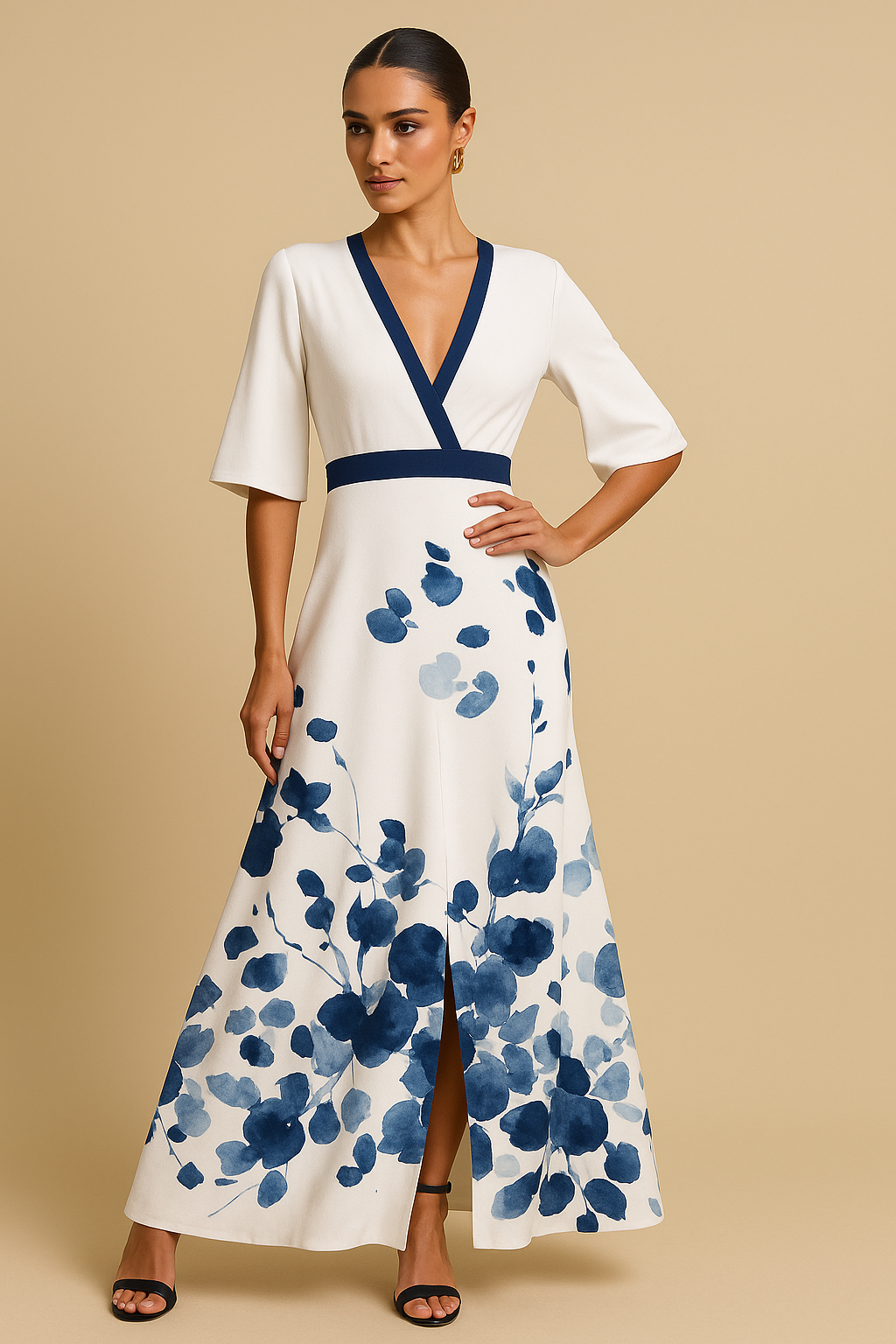 Maribel Floral Maxi Dress – Deep V-Neck, Elbow Sleeves, Fitted Waist, Pockets