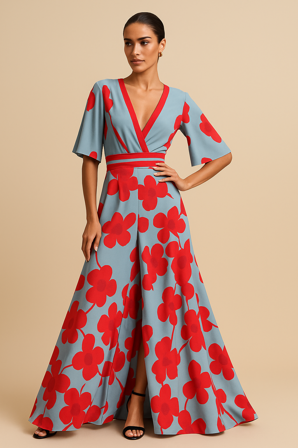 Maribel Floral Maxi Dress – Deep V-Neck, Elbow Sleeves, Fitted Waist, Pockets