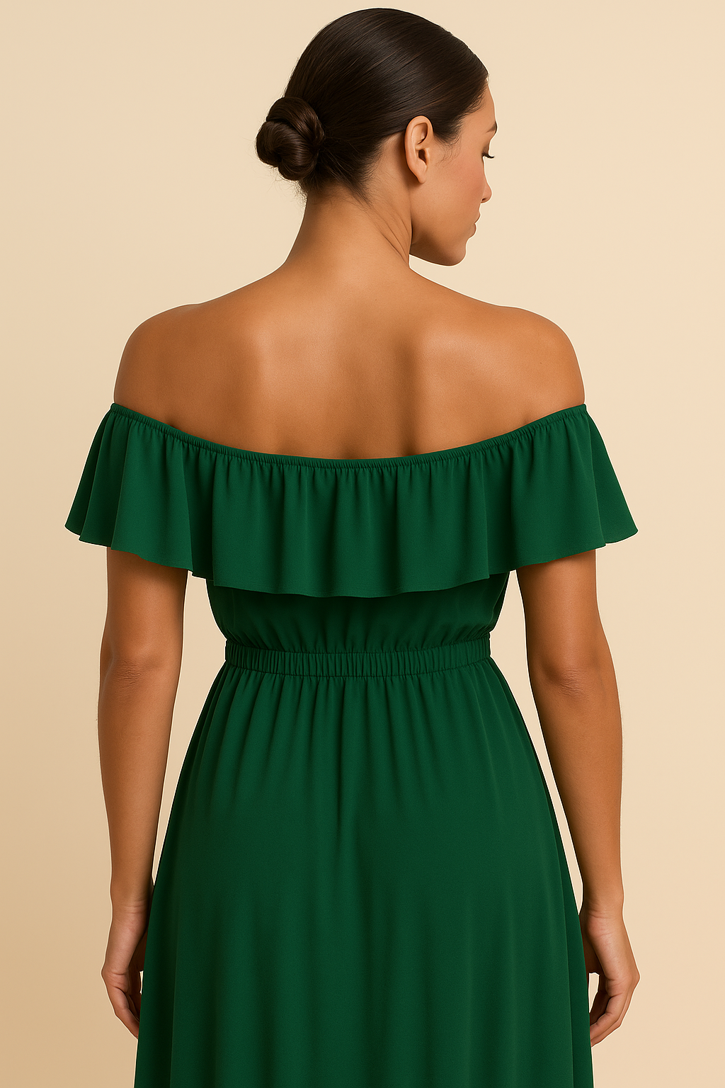 Leona Off-Shoulder Ruffle Chiffon Slit Gown – Dark Green