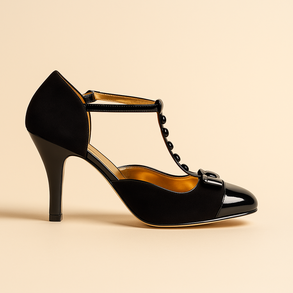Renée Black Microsuede Button Up T-Bar Heels