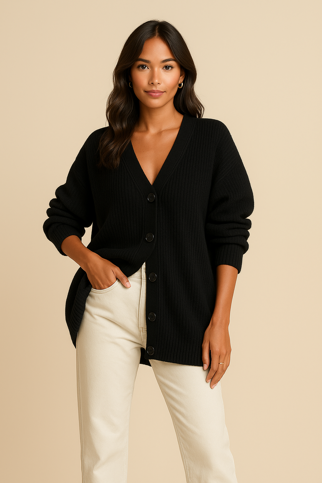 Elara Knit Cardigan with V-Neck & Buttons