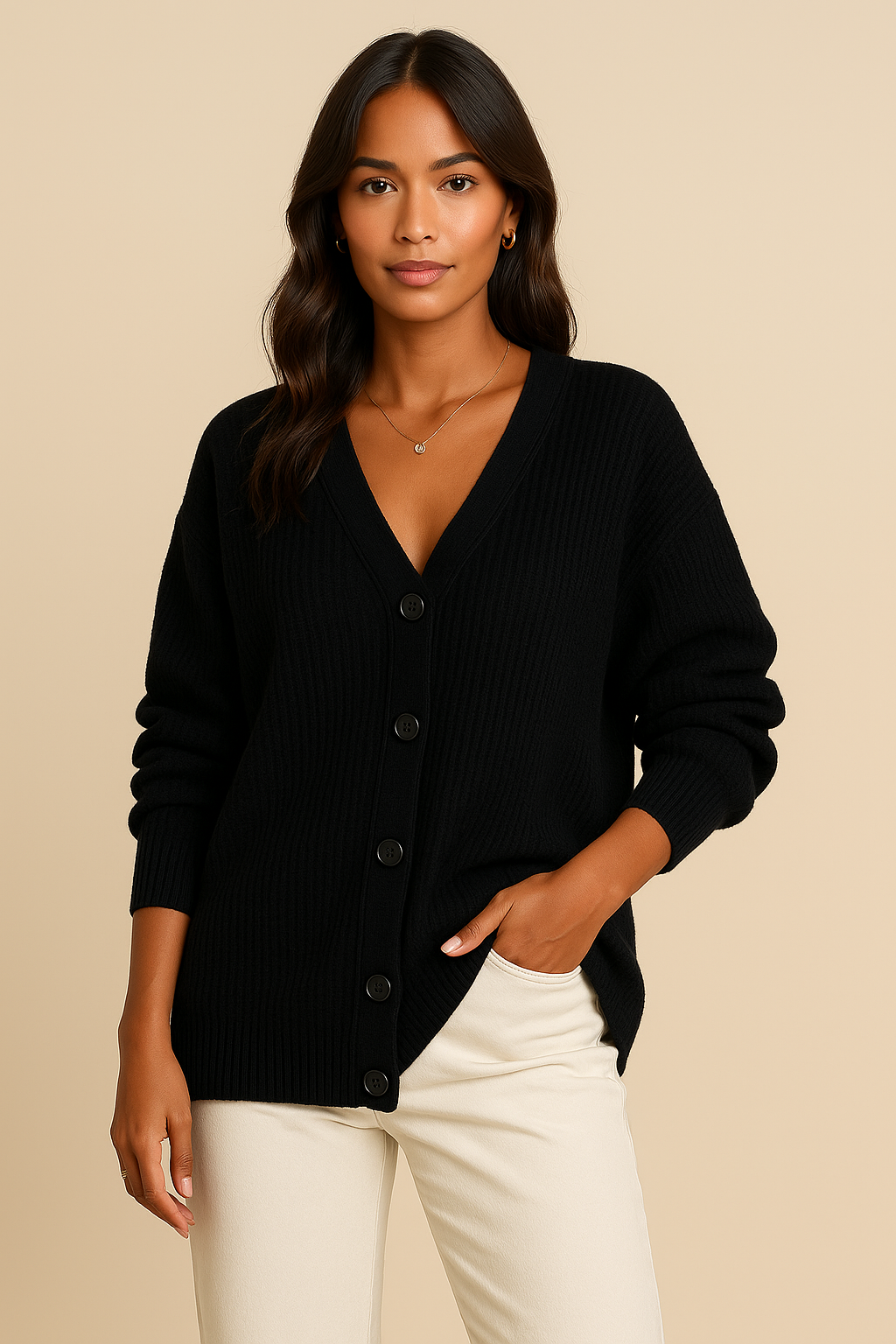 Elara Knit Cardigan with V-Neck & Buttons