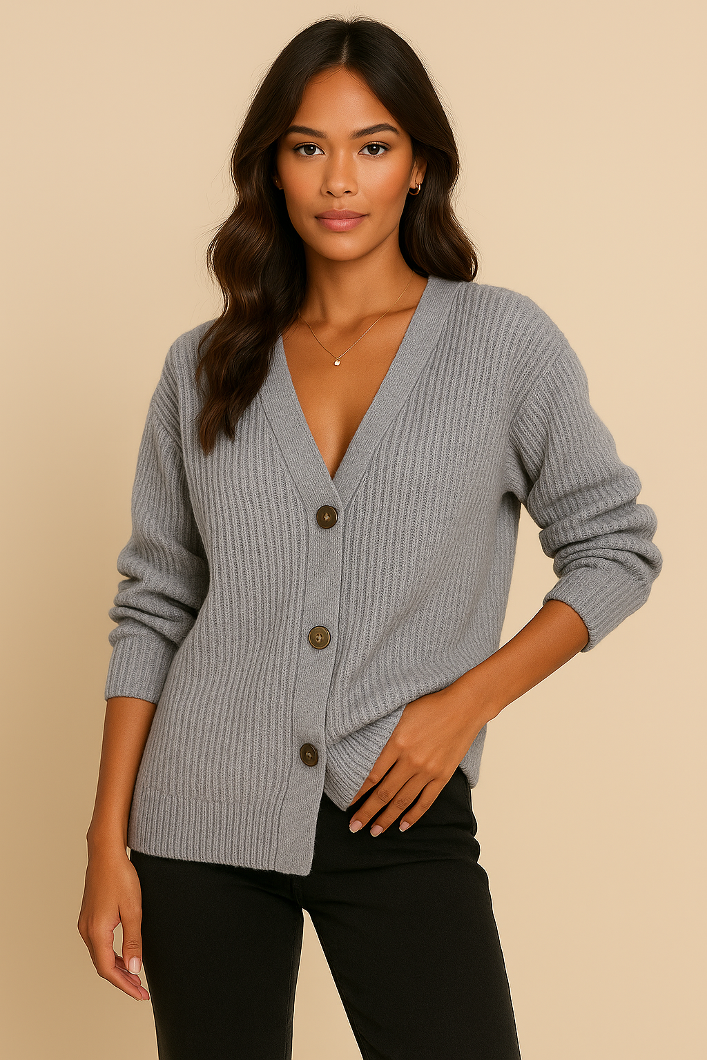 Elara Knit Cardigan with V-Neck & Buttons