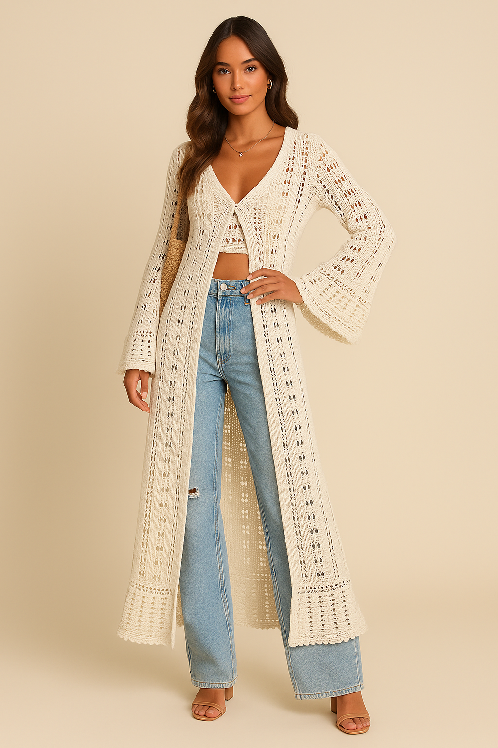 Selene Long Oversized Knit Cardigan with Ruffle Hem & Flared Sleeves