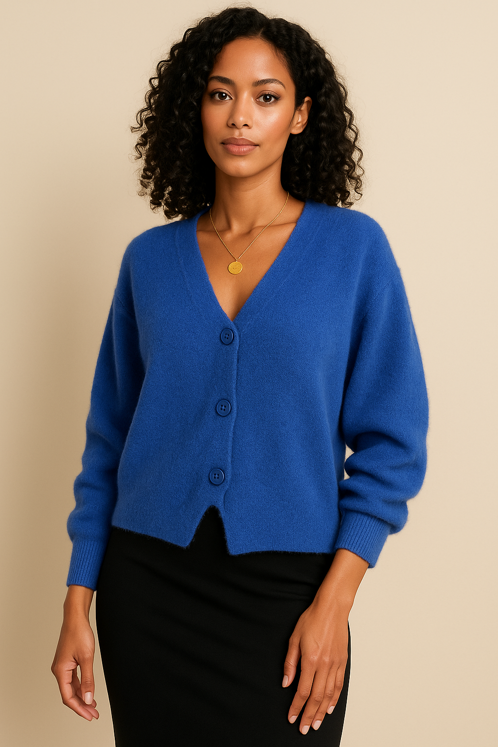 Liora Soft Knit Cardigan with V-Neck & Button Front – Relaxed Fit