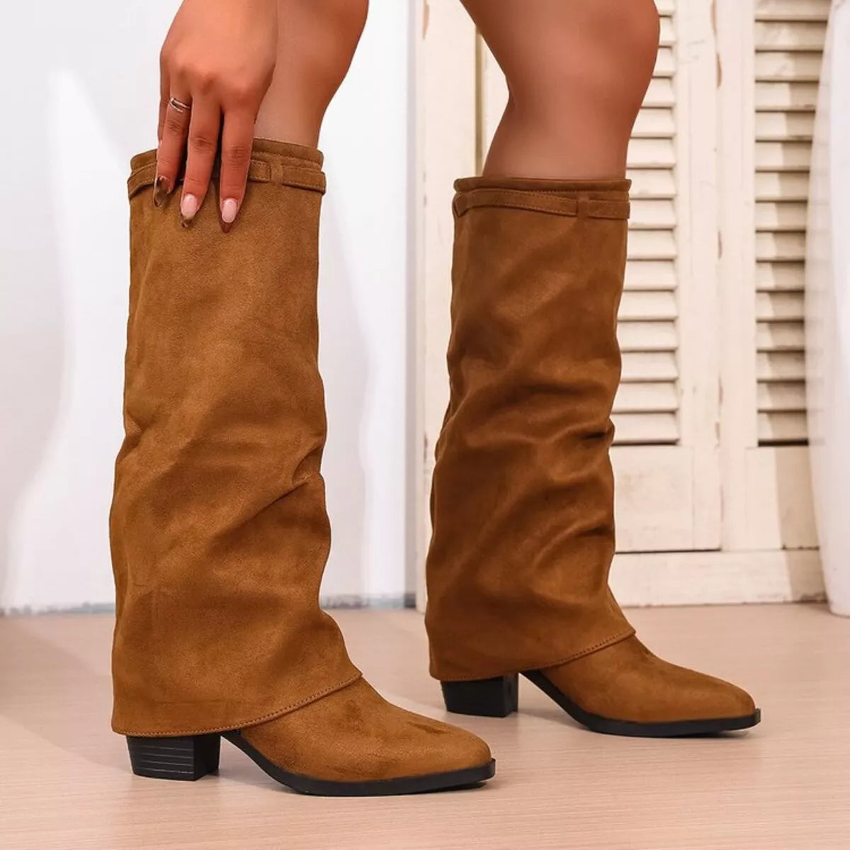 Modern Versatile Point Toe Block Heels Knee High Boots for Women