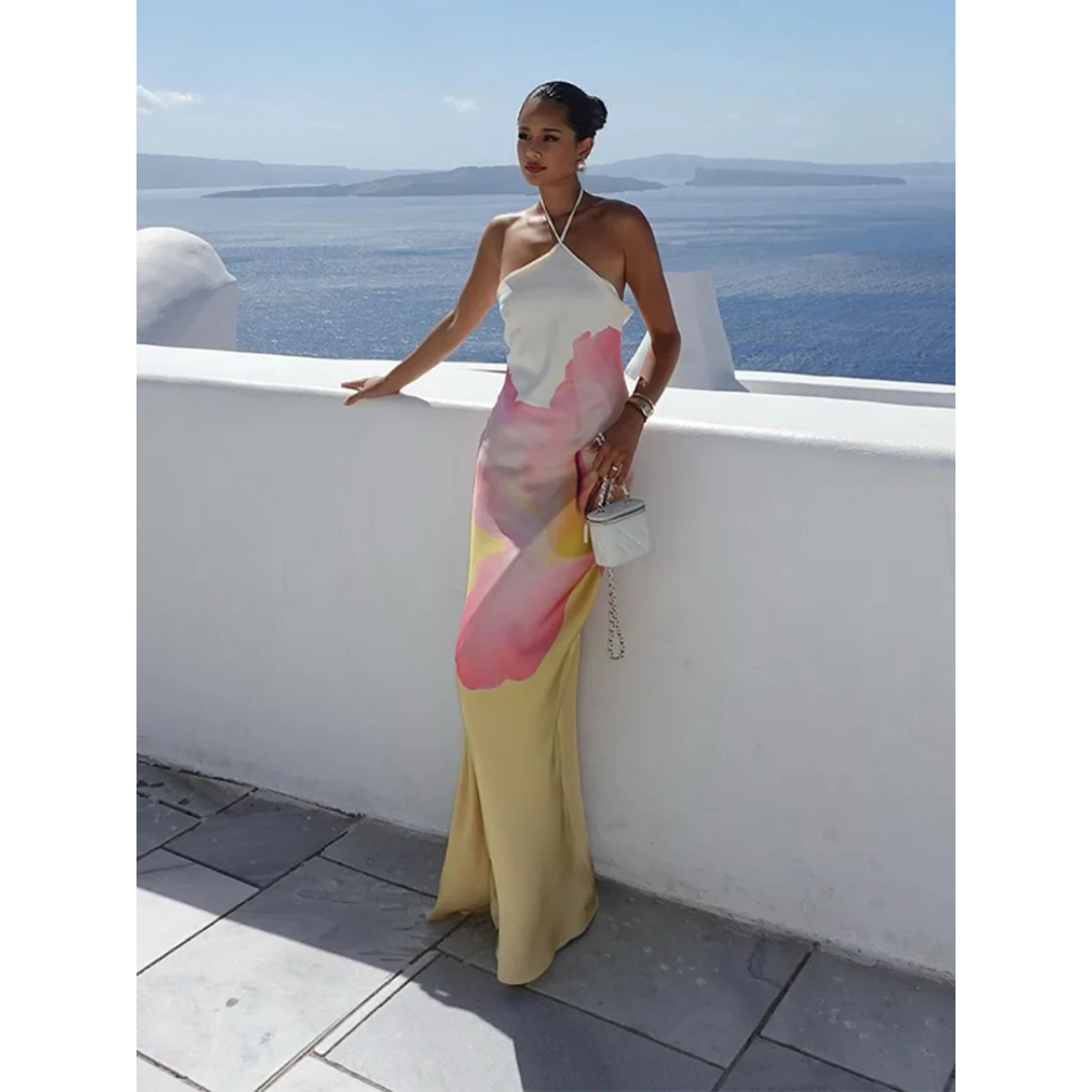 Women's Fashion Flowing One-Shoulder Maxi Dress with Striking Floral Pattern