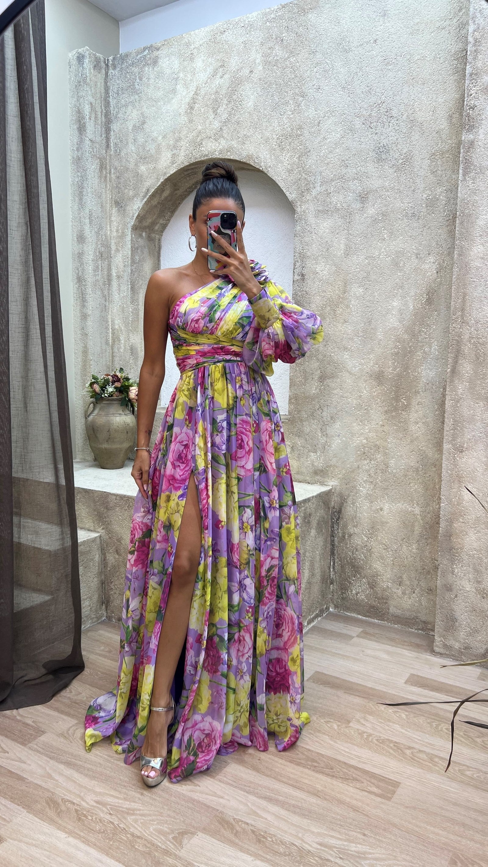 Women's Elegant Floral Multicolor Flowy Summer Dress with One-Shoulder Neckline
