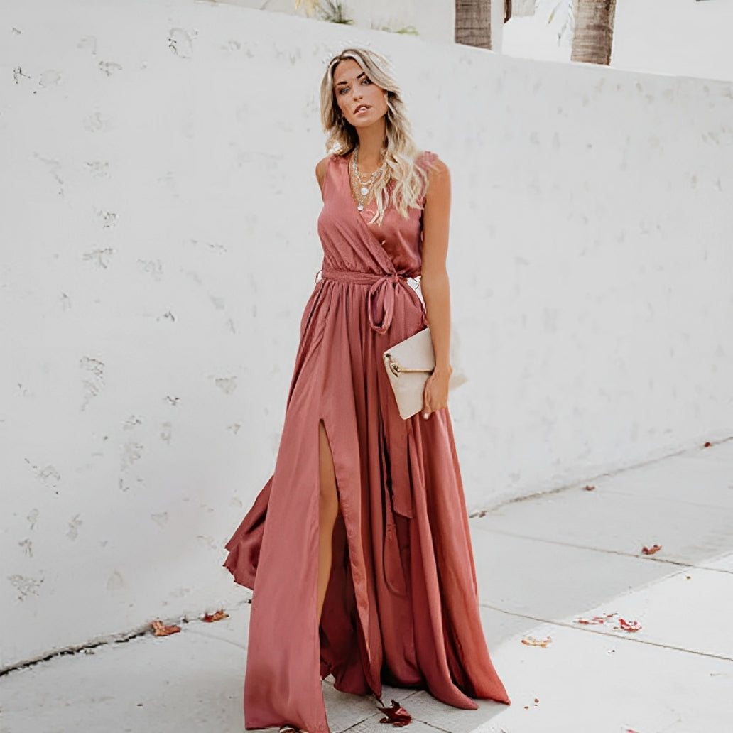 Versatile Long Waist Belted Celebration Slit Maxi Dress for Women