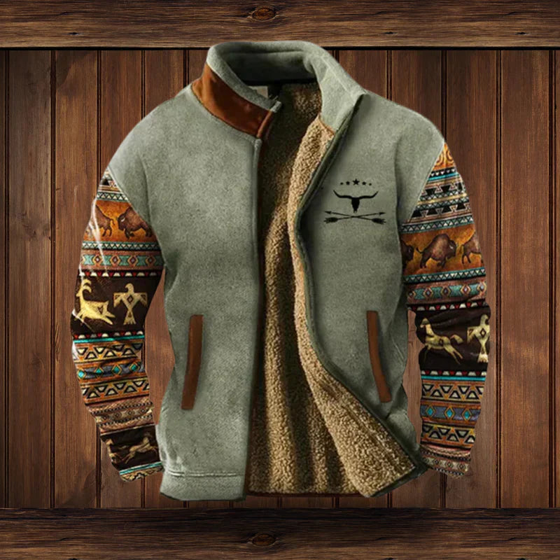 Winter Men's Casual Ethnic Western-Style Jacket with Fleece Lining for Outdoor Outings