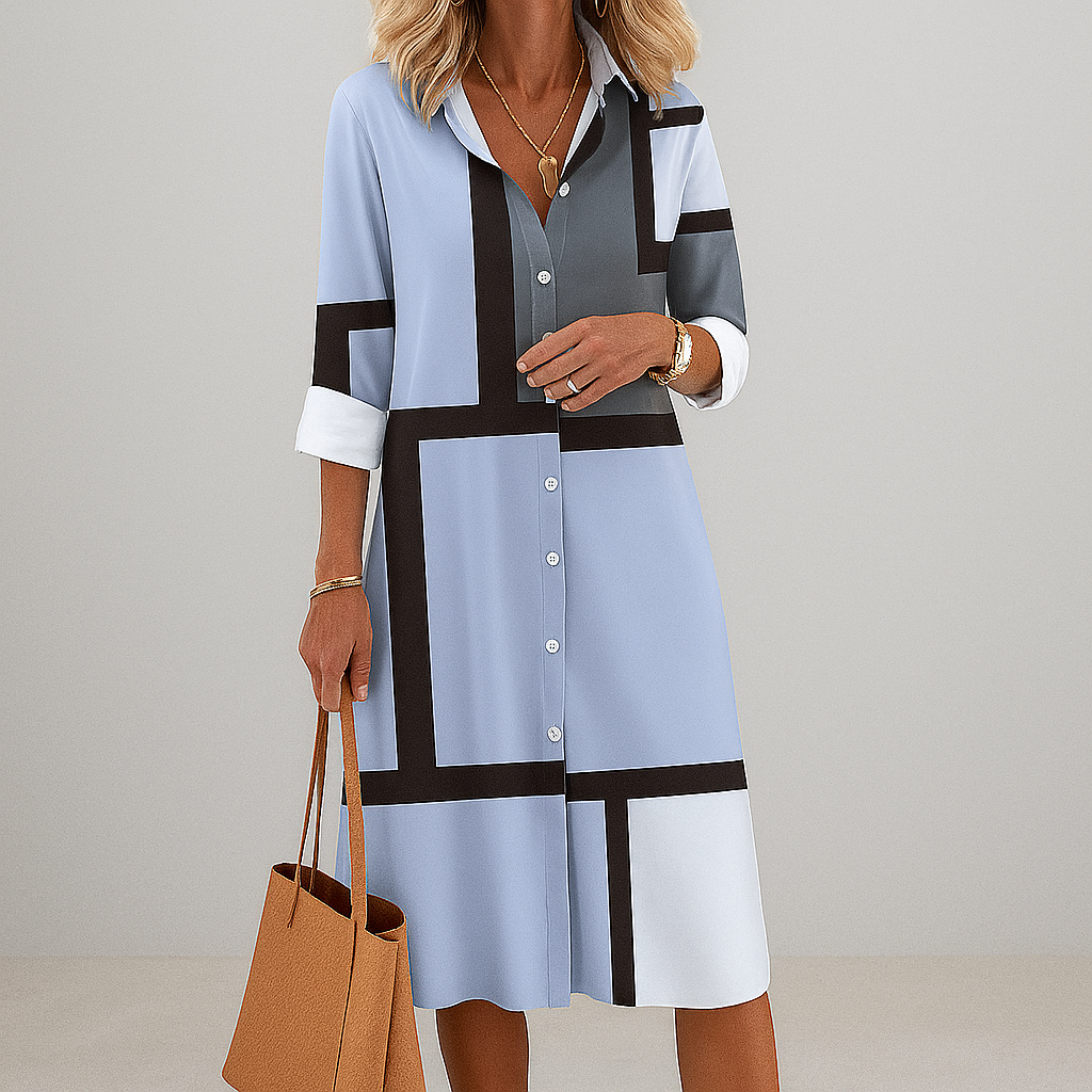 Women’s Classic Button‑down front Geometric Pattern Shirt Dress