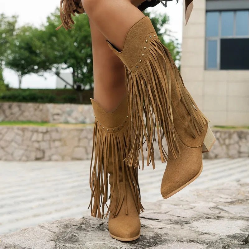 Fashion Outdoor Western Fringe Knee High Boots for Women