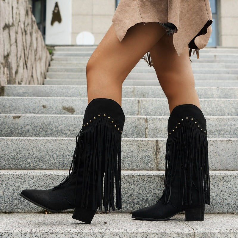 Fashion Outdoor Western Fringe Knee High Boots for Women