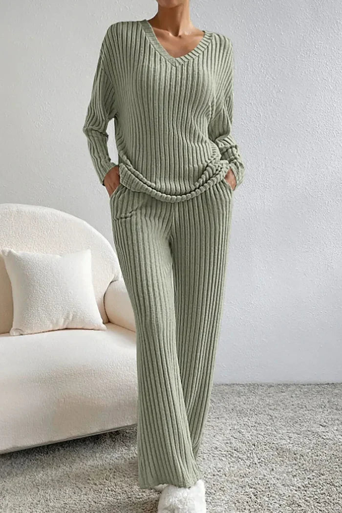 Women’s Ribbed Knit Loungewear Set - Elegant V-neckline Top and Wide-Leg Trousers