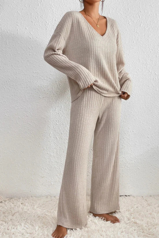 Women’s Ribbed Knit Loungewear Set - Elegant V-neckline Top and Wide-Leg Trousers