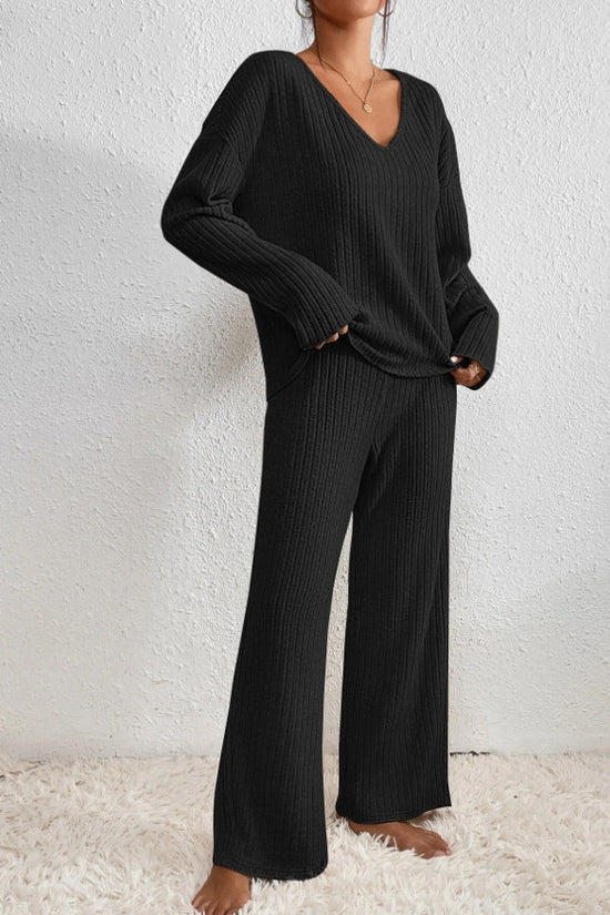 Women’s Ribbed Knit Loungewear Set - Elegant V-neckline Top and Wide-Leg Trousers