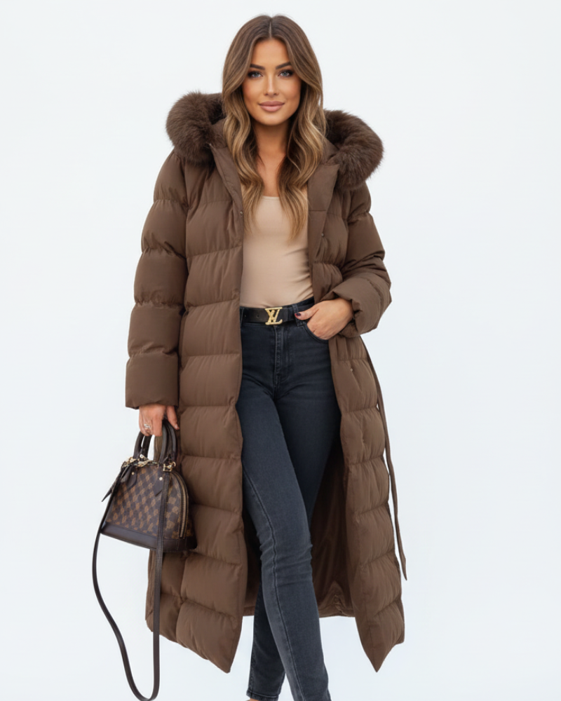 Women's Fashion Layered Water-Repellent Winter Long Jacket with Elegant Fluffy Hood