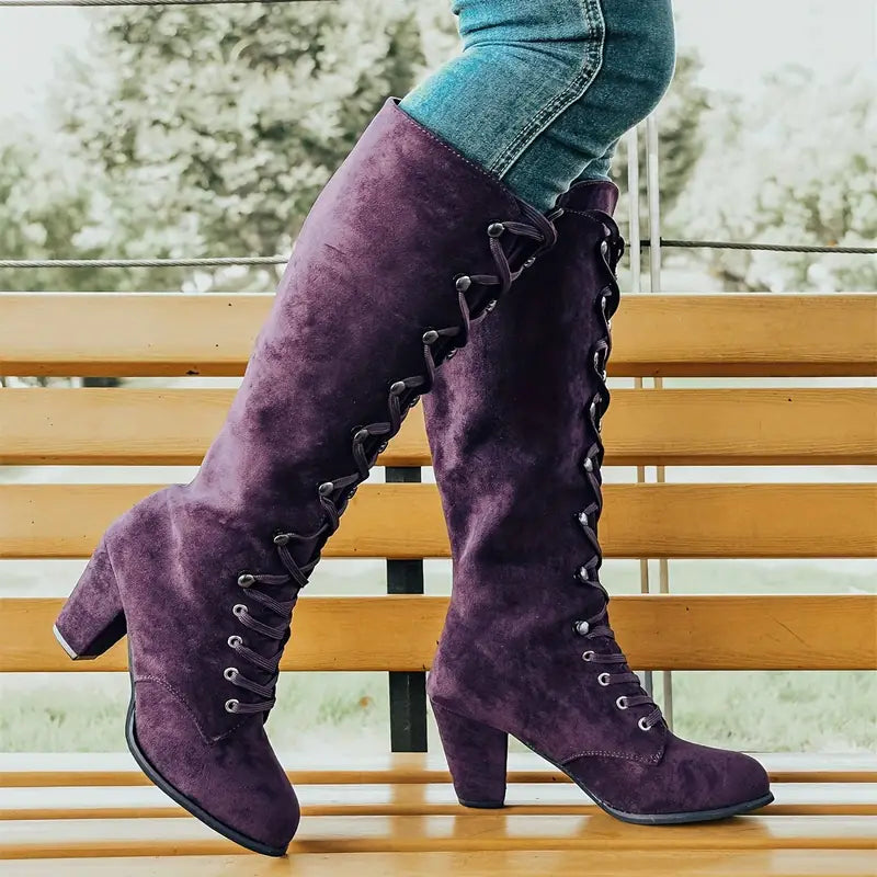 Modern Adjustable Lace-up Block Heel Knee-High Boots for Women