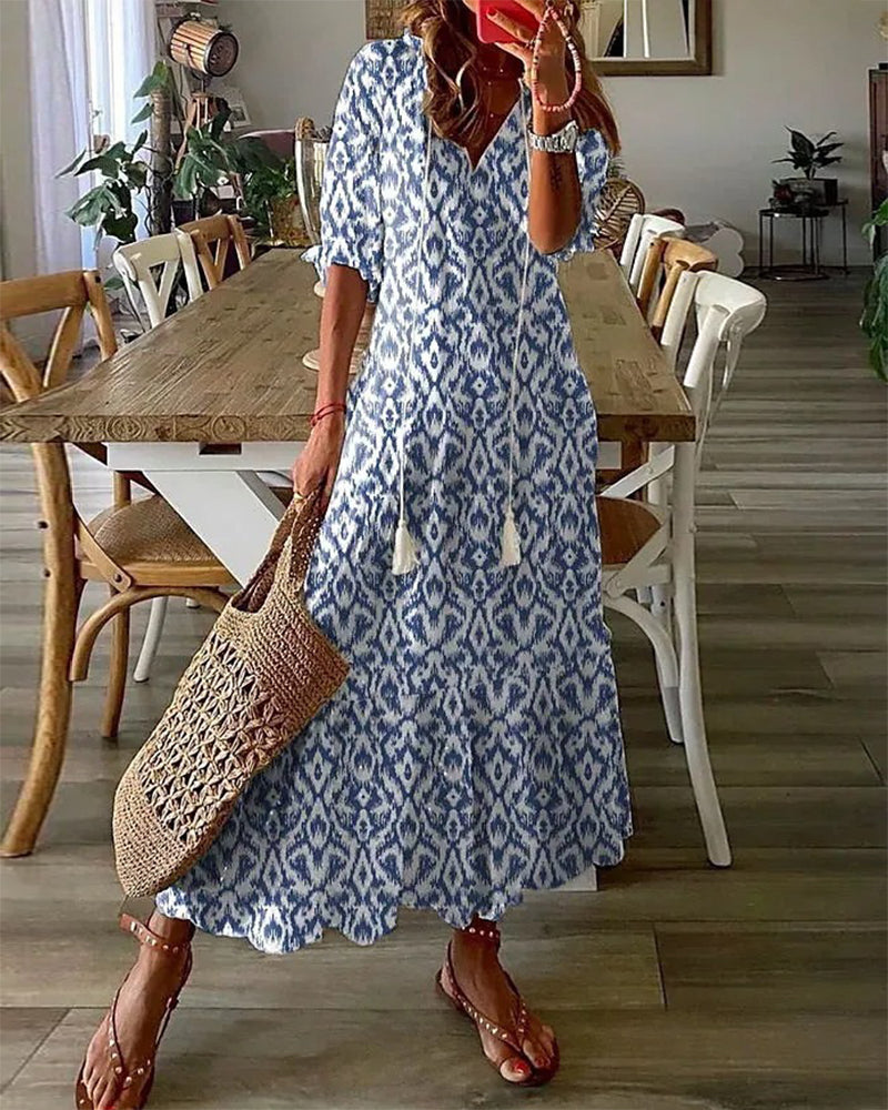 Women’s Summer Dress with Lantern Sleeves and Boho Print
