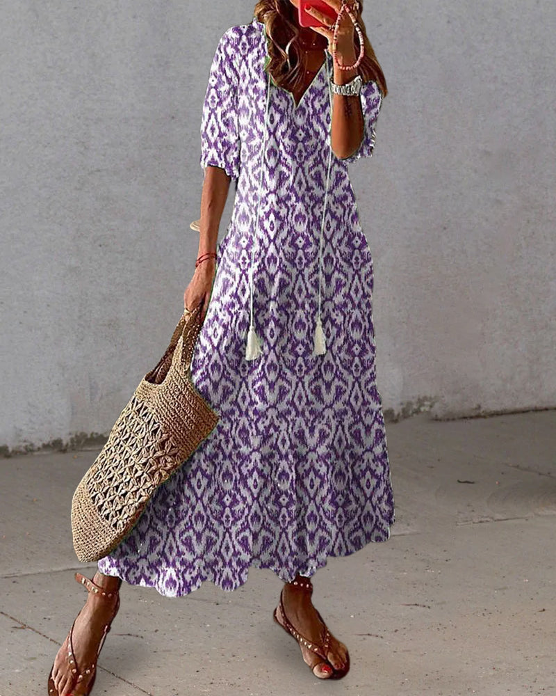 Women’s Summer Dress with Lantern Sleeves and Boho Print