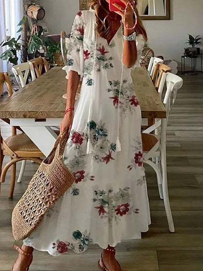 Women’s Summer Dress with Lantern Sleeves and Boho Print