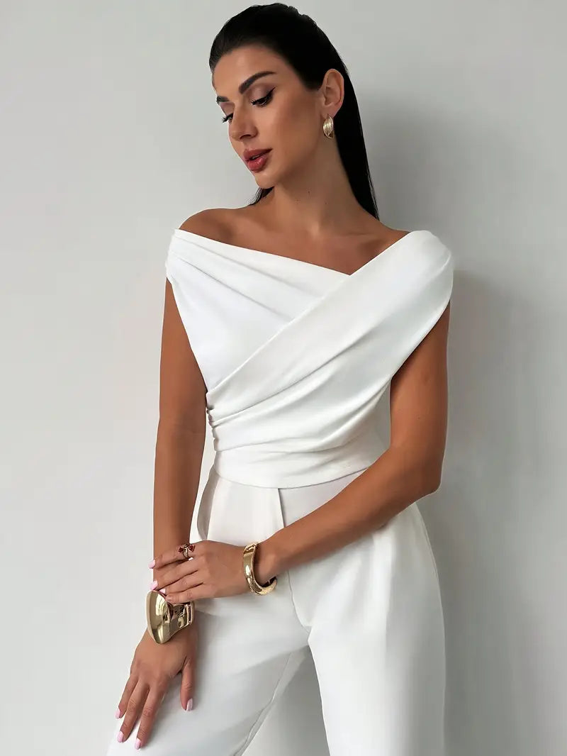 Women's Elegant Draped Shoulder Top with Round-Neckline