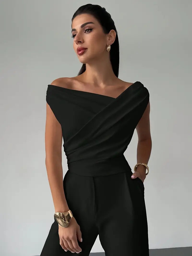 Women's Elegant Draped Shoulder Top with Round-Neckline