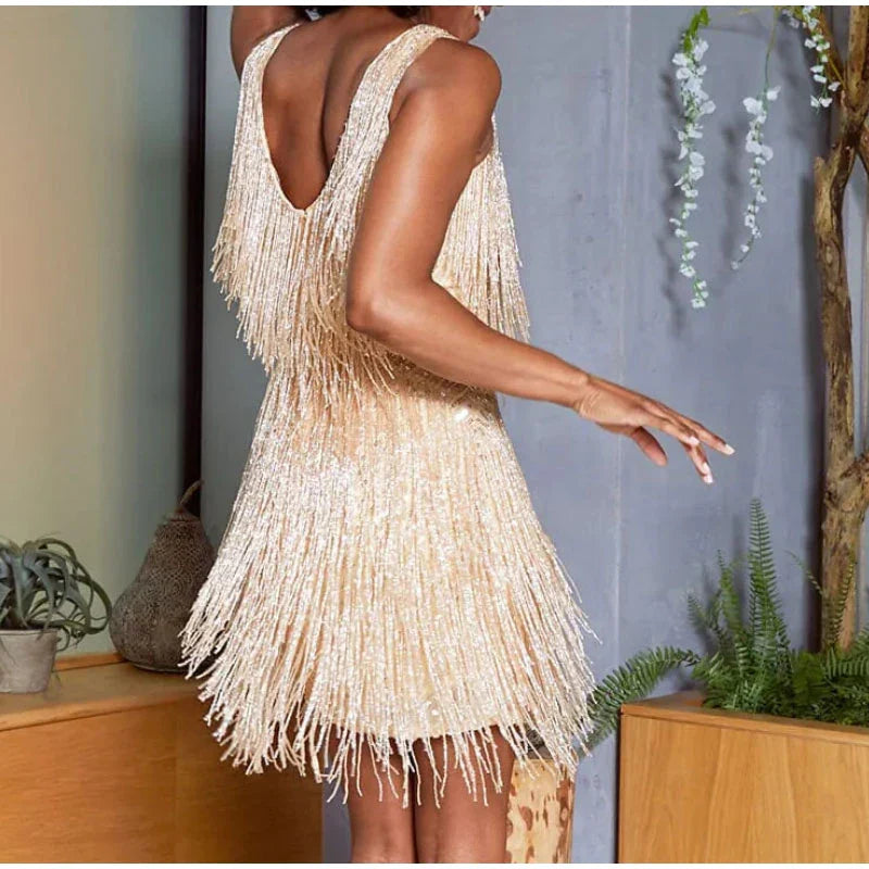 Dazzling Shimmering Sequin Feather Mini Party Evening Dress for Women