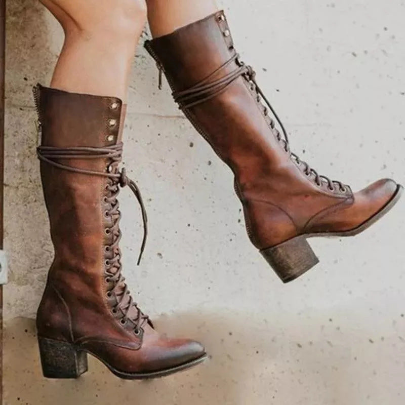 Women’s Block Heel Boots Lace-Up Knee-High Style