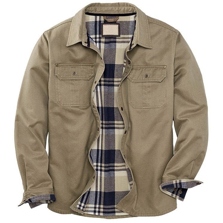 Men's Classic Fleece-Lined Interior Plaid Shirt Jacket with Front Pocket