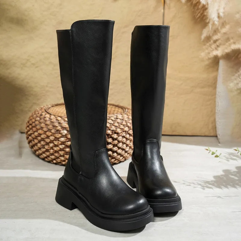 Women’s Exquisite Sturdy Leather Knee-High Boots with Heels