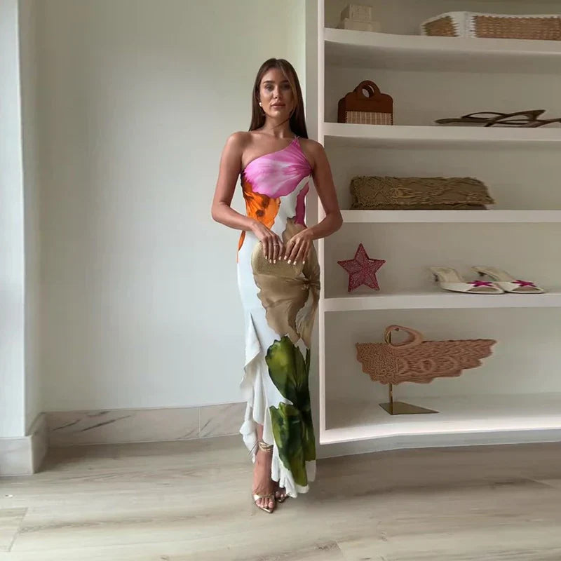 Women's Fashion Flowing One-Shoulder Maxi Dress with Striking Floral Pattern