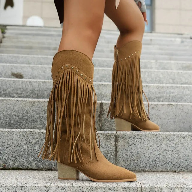 Fashion Outdoor Western Fringe Knee High Boots for Women