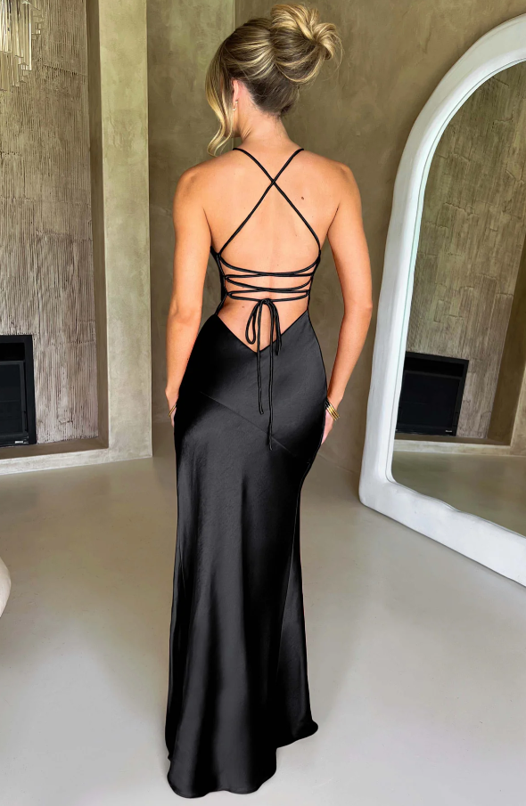Women's Fashion Sleek Slit Maxi Dress with Thigh-High Slit with Delicate Spaghetti Straps