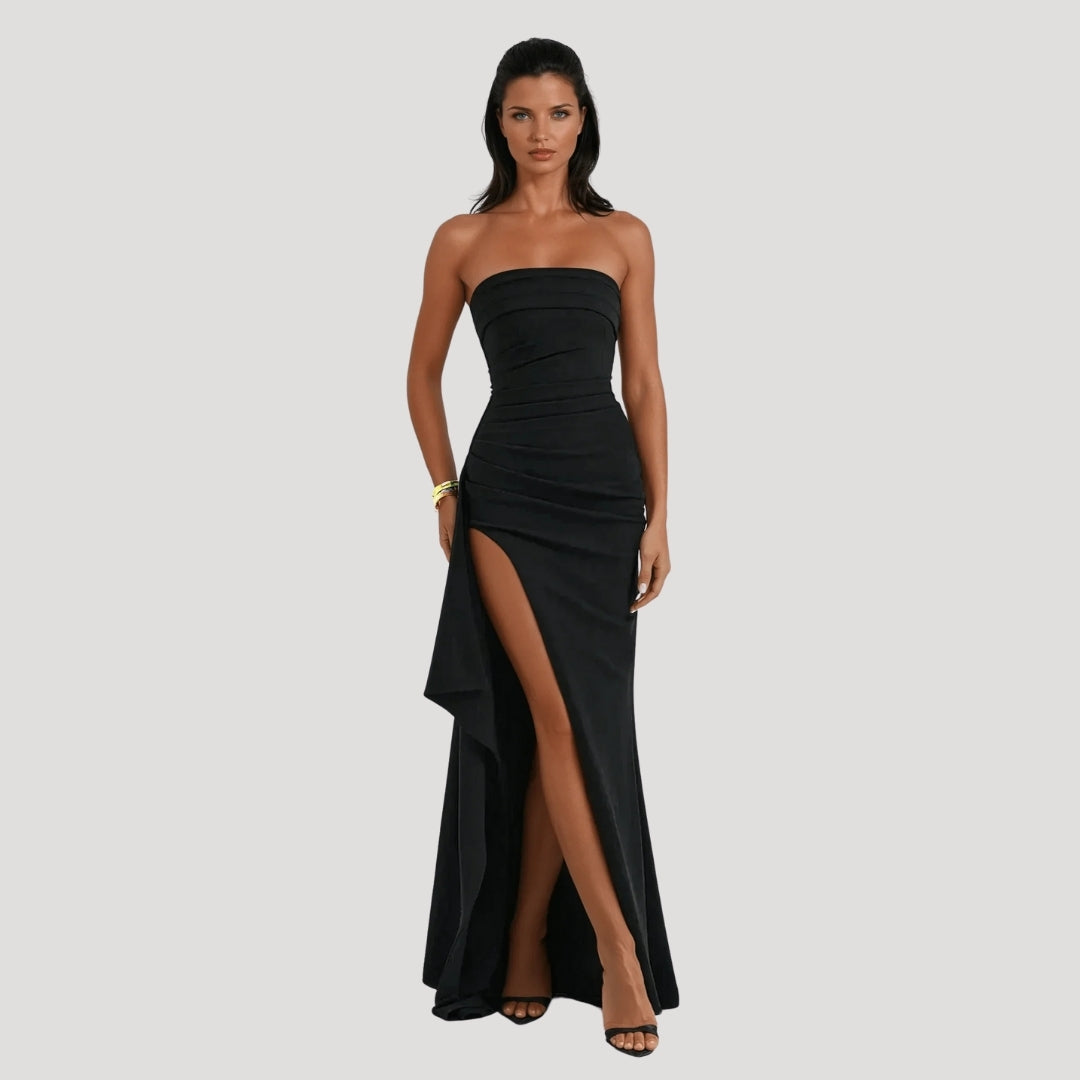 Women's Sleek Formal Maxi Wedding Guest Dress with Strapless Neckline