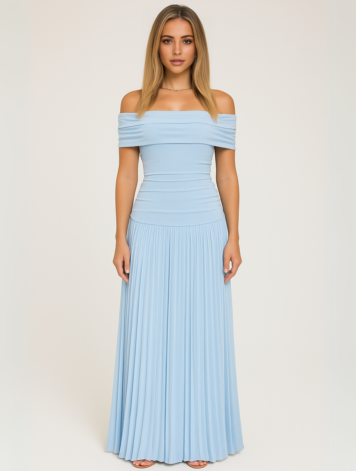 Women Classic Trendy Off-Shoulder Occasion Pleated Maxi Wedding Guest Dress