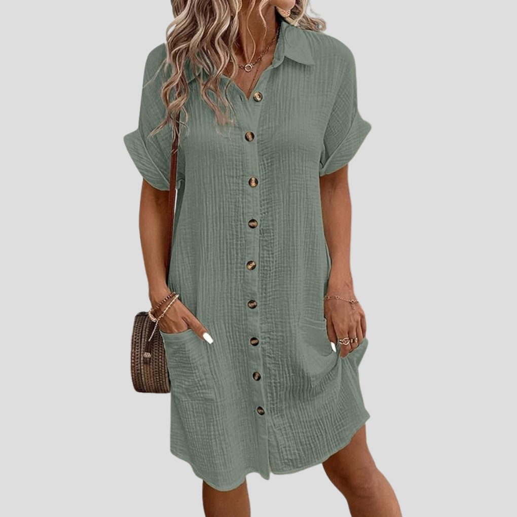 Women’s Traditional Long Subtle Waist Shirt Dress with Button Front and Classic Collar