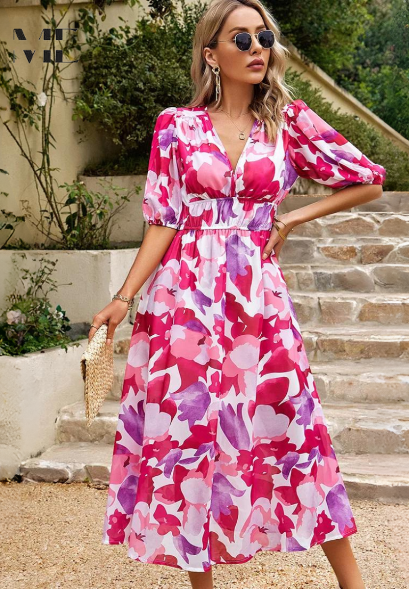 Women's Fashion Summer Floral Print Midi Dress with Puff Sleeves