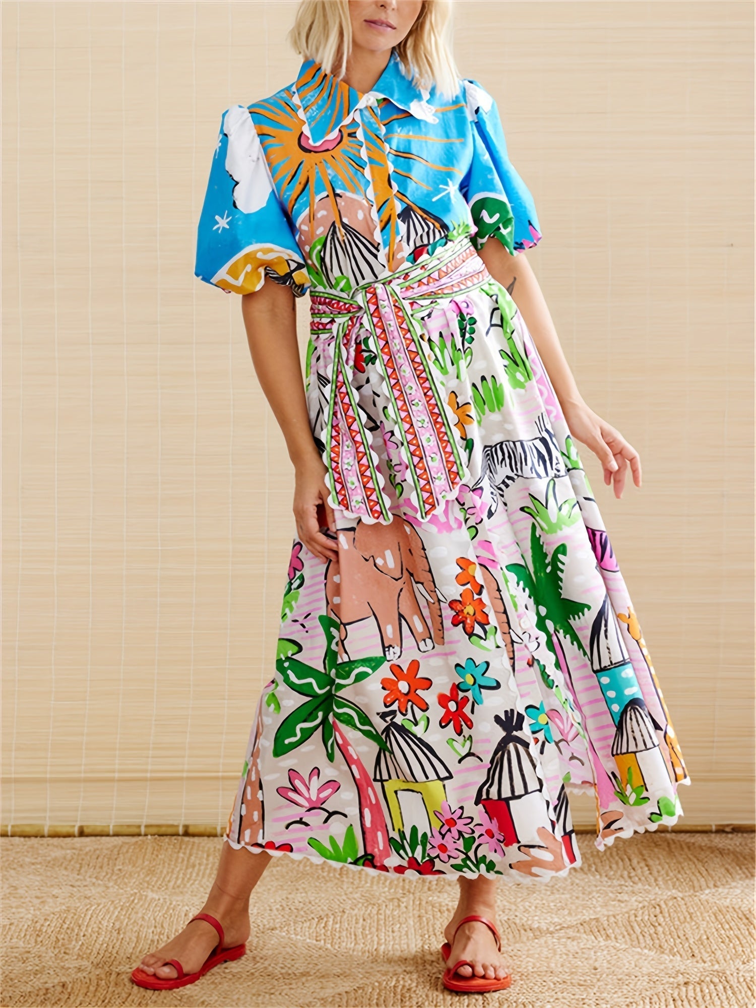 Women's Chic Transitional Midi Summer Dress with Tropical-inspired Prints