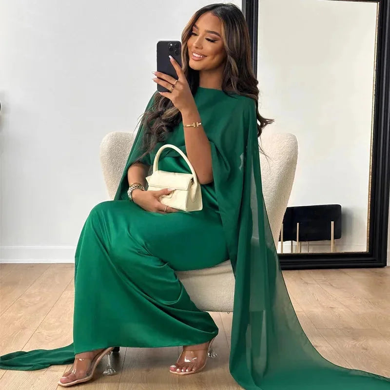 Women's Elegant Cape Maxi Length Wedding Guest Dress