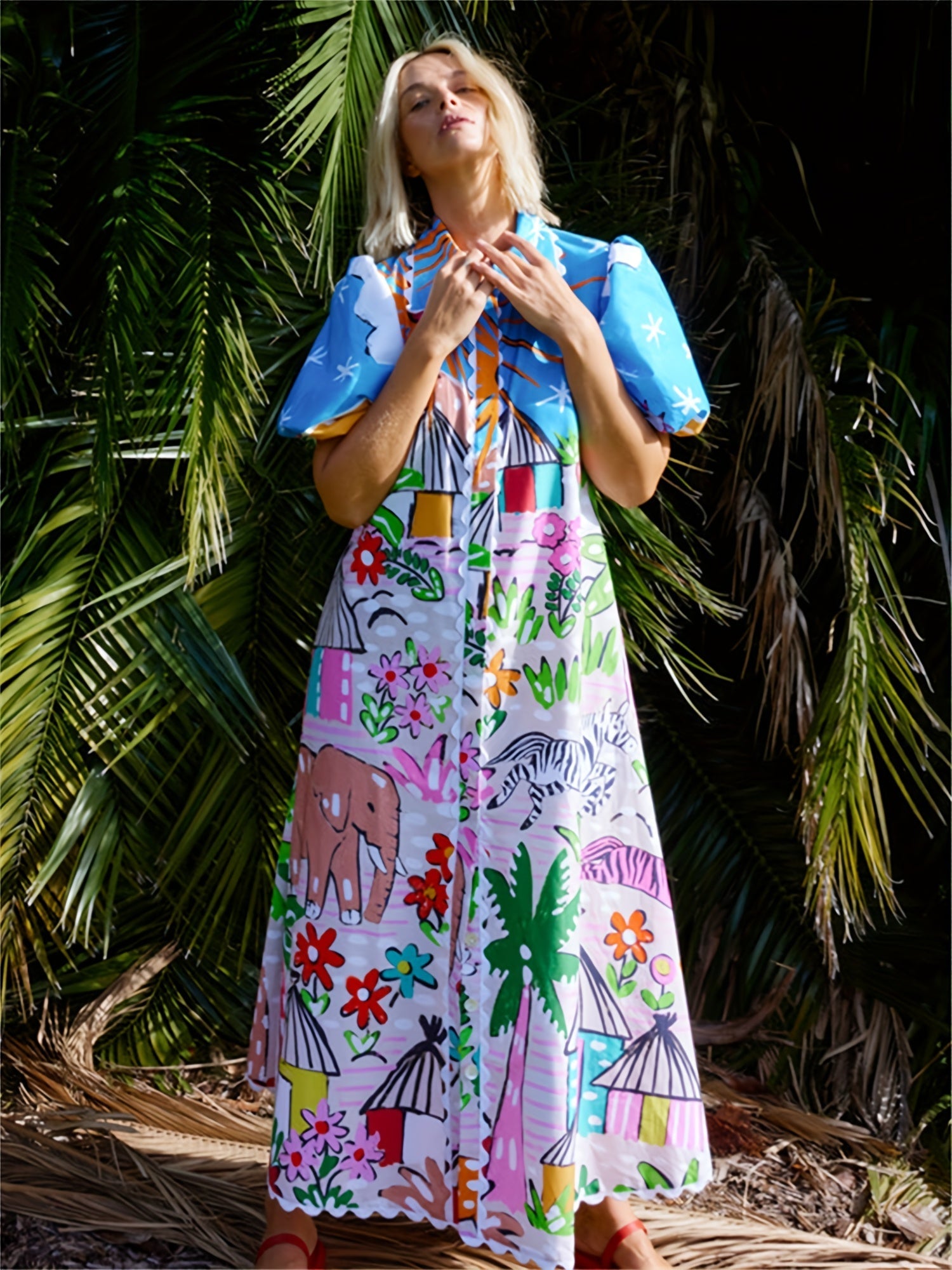 Women's Chic Transitional Midi Summer Dress with Tropical-inspired Prints