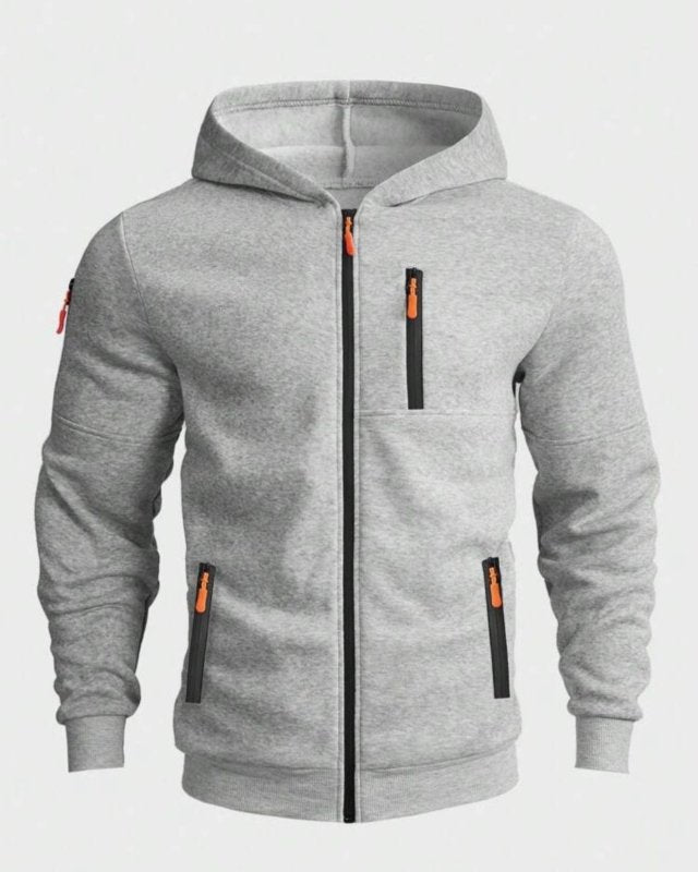 Men's Cosy Outdoor Full Zip-up Hoodie with Adjustable Drawstring and Functional Pockets
